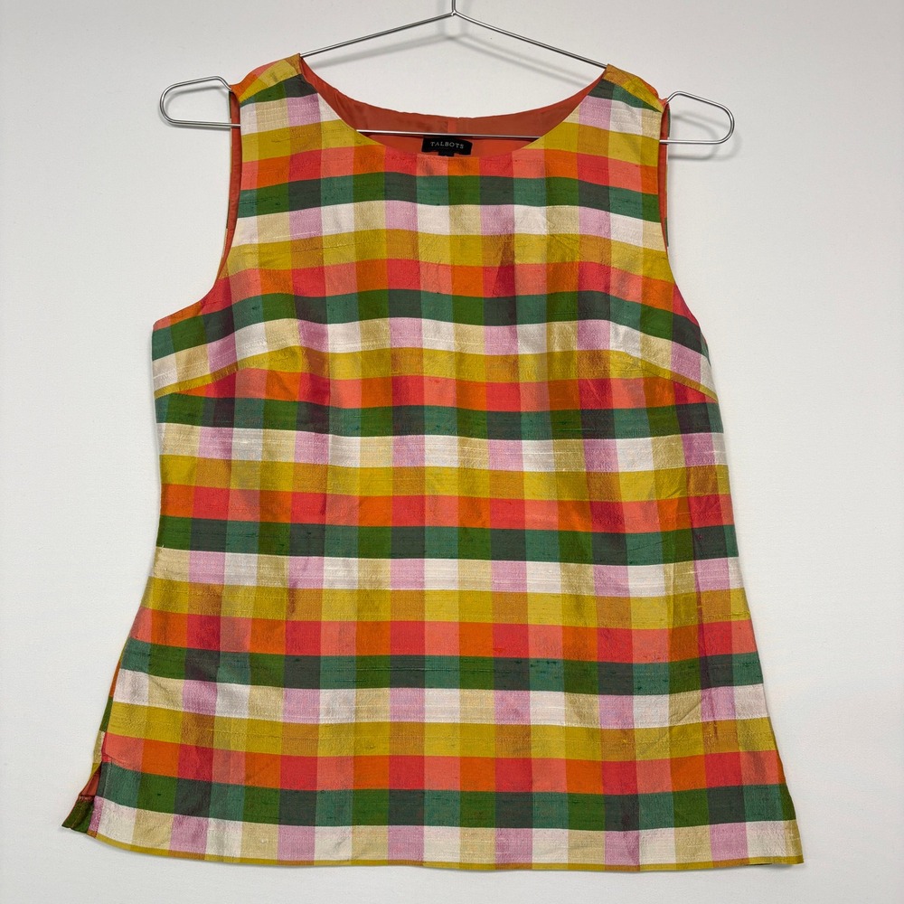 Talbots Women Top 6 Multi Color Plaid Silk Sleeveless Side Zip Shell Careerwear